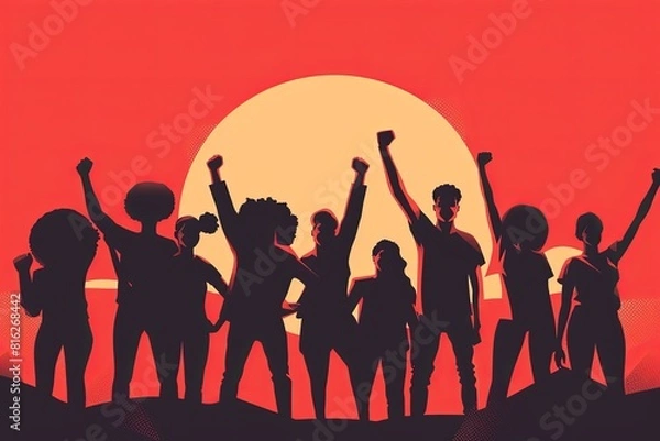 Fototapeta A group of diverse individuals stands together with raised fists, symbolizing unity and resistance.