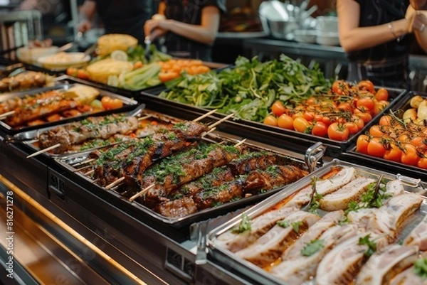 Fototapeta A buffet of food with a variety of meats and vegetables. Scene is inviting and appetizing