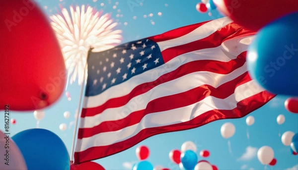 Obraz American Flag and Festive Balloons with Fireworks Background