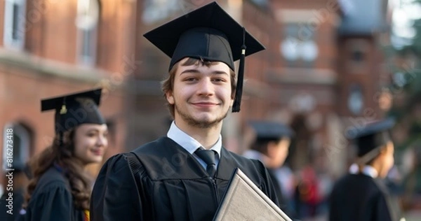 Fototapeta young cheerful student at graduation ceremony with diploma, happy man at university graduate