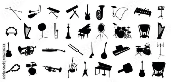 Fototapeta Music instruments silhouette a big collection.