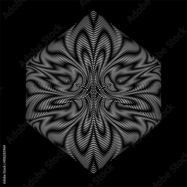 Fototapeta Geometric symmetrical abstract vector shape with wavy moire grid texture on black background. Metaverse concept background for wall art, panel, poster, web banner, mobile apps, interior decor. 