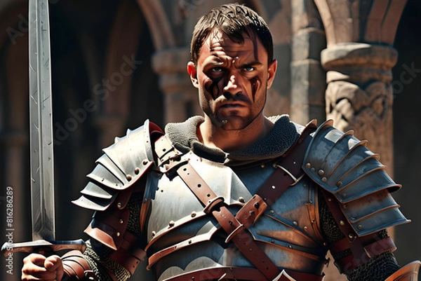 Obraz A gladiator is wearing armor and looking with agrim face with a sword.