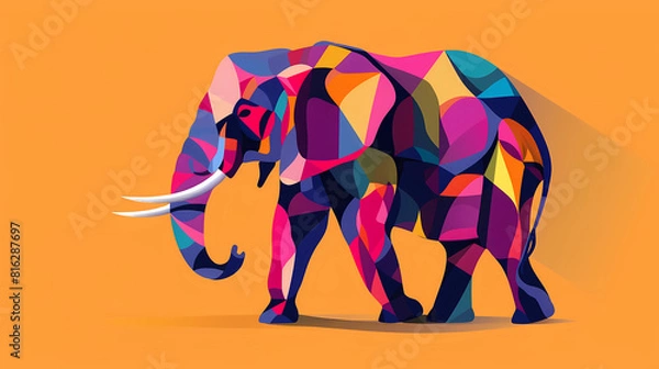 Fototapeta Brightly colored illustration of an elephant with a geometric pattern