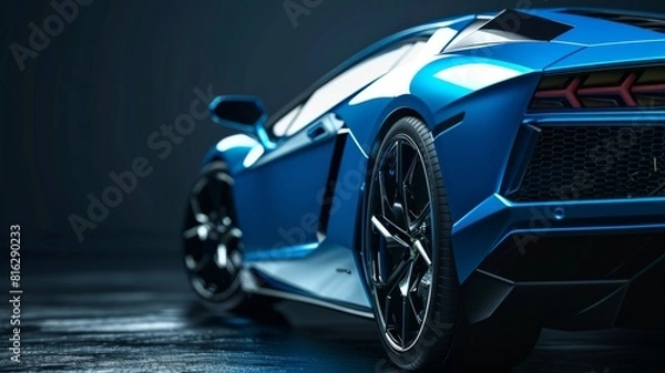 Fototapeta blue generic unbranded luxury sport car on a very dark black background, banner 