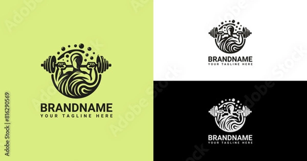 Fototapeta Muscular Figure Lifting Weights Logo Template in Black and White