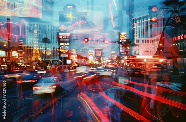 Obraz Nighttime photo of a Las Vegas street, cars and lights, neon signs, multiple exposure, double Exposure, motion blur. From the Series �Cosmic Living," "The Strip.�