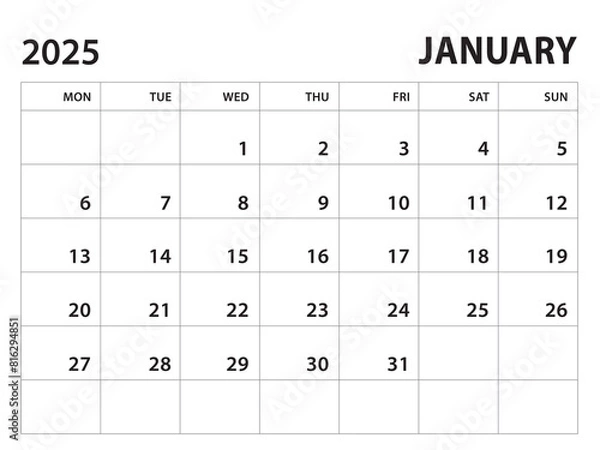 Fototapeta Calendar 2025 template - January 2025 vector on white background, week start on monday, Desk calendar 2025 year, Wall calendar design, corporate planner template, clean style, horizontal template