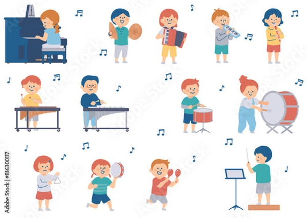 Obraz 音楽室の楽器を演奏する小学生のイラスト
