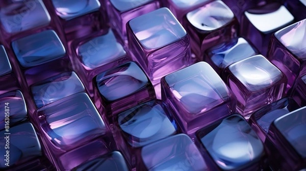 Obraz This close-up photo of purple glass beads in different shapes and sizes reveals their sparkling beauty. The beads are arranged in a way that creates a sense of depth and movement