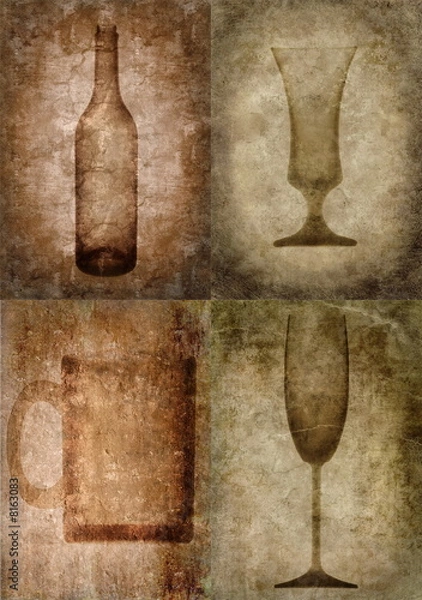 Fototapeta Grunge illustration with bottle and glasses, vintage stylized