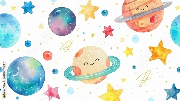 Fototapeta A kawaii watercolor of cartoon planets and stars having a space race, Clipart isolated on white