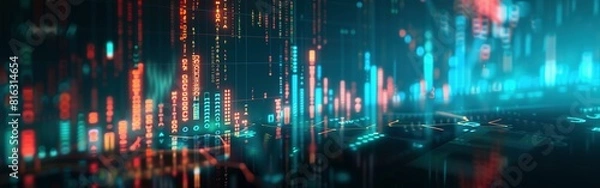 Obraz An abstract digital chart forms the backdrop, displaying stock business graphs, statistics, and diagrams illustrating data exchange within finance, trends, and trade in the economy