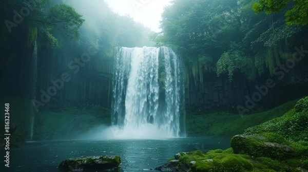 Fototapeta waterfall cascading down into a crystal-clear pool, surrounded by lush greenery. The scene is in the early morning.