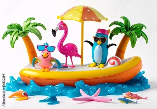 Obraz Colorful Beach-Themed Toy Set with Cartoon Animals and Umbrella