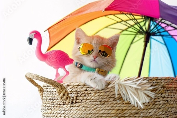 Fototapeta Cute Cat Chillin' on a Rainbow Umbrella