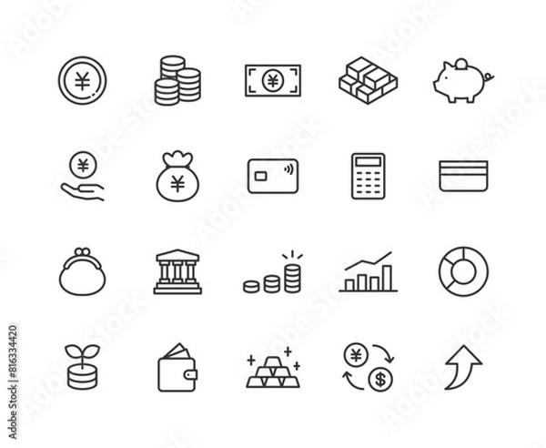 Fototapeta お金に関する線画アイコンセット