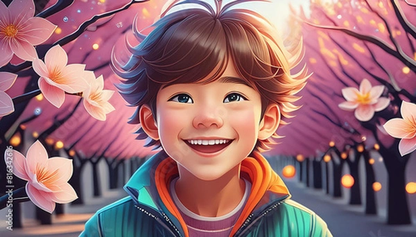 Obraz A little japanes boy on pink sakura flowers background, AI generative