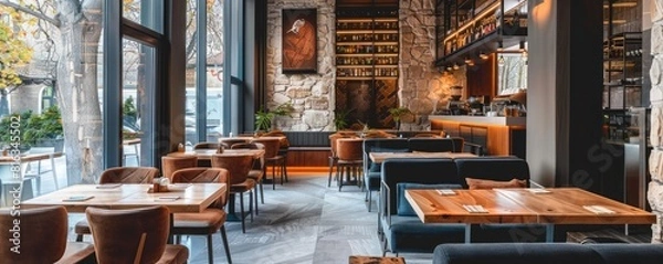 Fototapeta Modern Cafe Interior Featuring Stylish Red and Grey Seating and Vibrant Greenery
