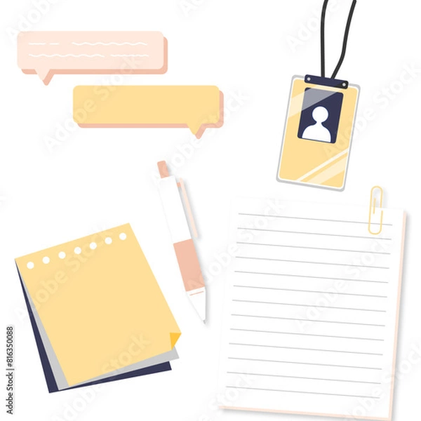 Fototapeta 인터뷰 관련 오브젝트(노트, 말풍선, 펜, 출입증)