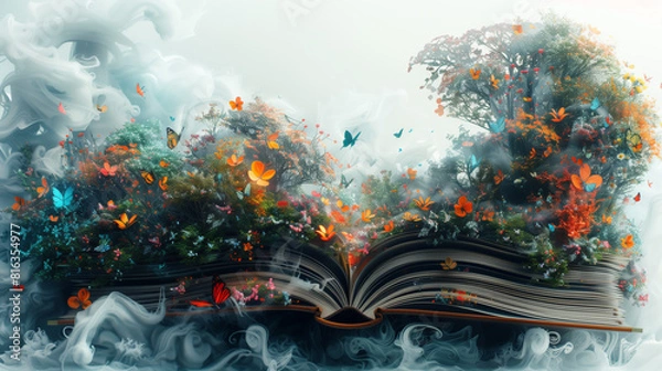 Obraz A magical book opens, releasing a stream of colorful butterflies that flutter out from the pages, creating a mesmerizing and enchanting scene