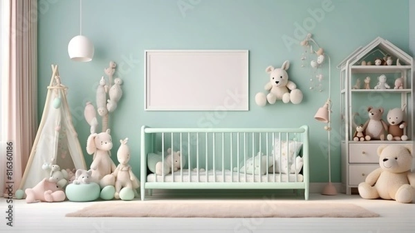 Fototapeta Scandinavian minimalist style baby room with toys wall art mockup wooden frame, blank horizontal empty frame for wall art mockup, soft mint color wall theme of the room