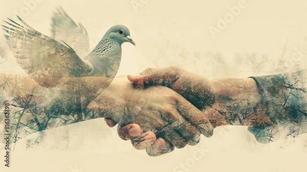 Fototapeta A double exposure of a handshake and a dove, representing the possibility for peace and reconciliation
