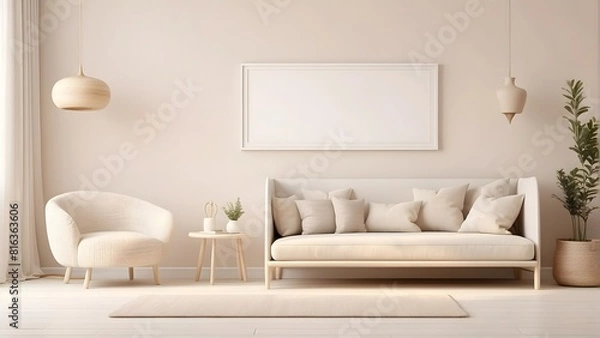 Fototapeta Scandinavian minimalist style living room wall art mockup wooden frame, blank horizontal empty frame for wall art mockup, soft beige color wall theme of the room