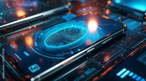 Fototapeta Cell phone with a fingerprint on it. The image is a digital representation of a fingerprint, with the phone displaying the image of the fingerprint. The image has a futuristic