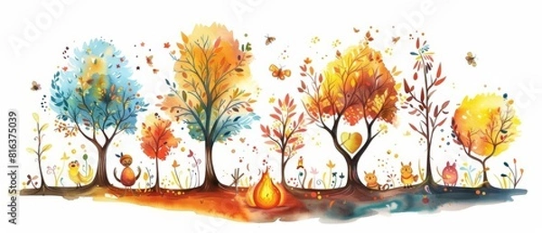 Fototapeta A cute watercolor of an autumn festival in a forest where trees change colors at the will of passing spirits