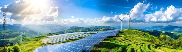 Obraz modern solar panels and wind turbines on green hills, blue sky with clouds. Wind turbines for electricity production. Green energy concept.
