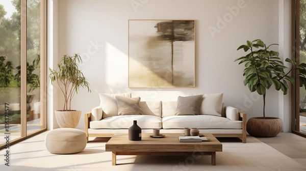 Fototapeta Minimalist Modern Living Room with Neutral Tones and Natural Light