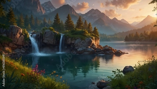 Fototapeta A vivid picture of a serene landscape in a nature-themed mobile puzzle game ai_generated