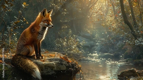 Fototapeta Amidst Mountain's Quiet, Fox Reflects Serenity