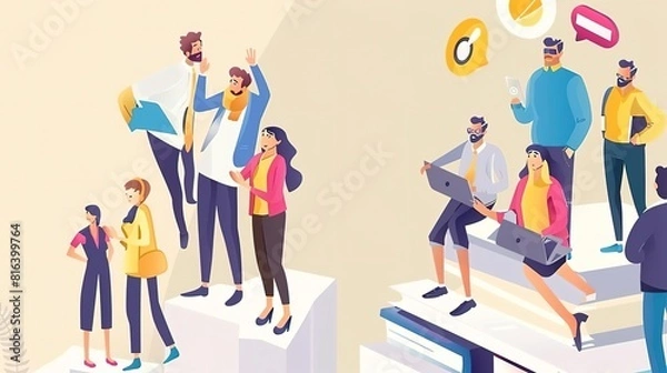 Fototapeta A group of people are standing on different levels of a staircase