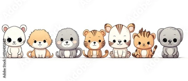 Fototapeta Cute pop animal flat design front view nursery theme cartoon drawing black and white