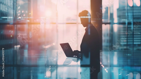 Fototapeta Young businessman silhouette using laptop while standing on creative corporate interior background with panoramic windows and city view Future job success and career concept Double exp : Generative AI