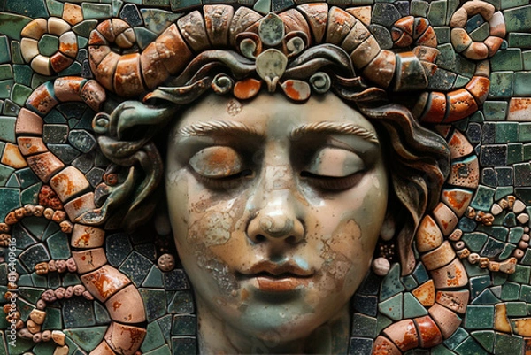 Fototapeta  Mosaic Art of Serene Face with Snake Elements