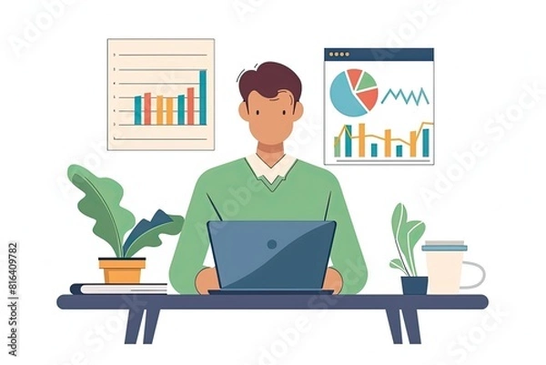 Fototapeta A financial advisor is analyzing charts on a laptop in a minimalist and professional study space. Simple and minimalist flat Vector Illustration