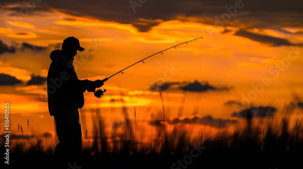 Fototapeta Silhouette of a fisherman casting a rod at sunset Fisherman silhouette at sunset : Generative AI