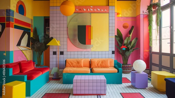 Obraz Memphis Milano Geometric shapes, vibrant colors, playful patterns