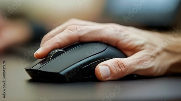 Fototapeta Palms grasp the ergonomic mouse of a desktop computer, clicking and scrolling through digital content.