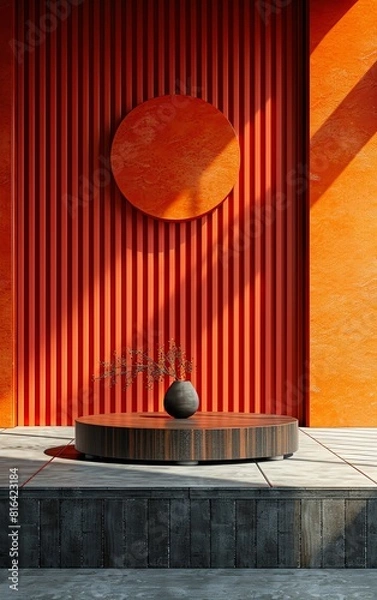 Fototapeta Vibrant 3D podium for product showcasing, set against a backdrop of bold contemporary colors and unique textures