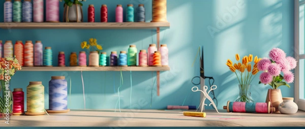 Fototapeta 3d render of sewing room with wooden shelves full of spools and rolls colorful thread