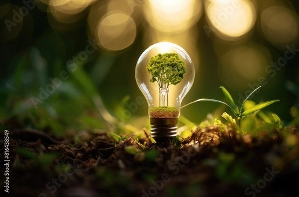 Obraz A light bulb with the tree inside is placed on soil, symbolizing environmental protection and energy conservation. It has a green background with natural sunlight.