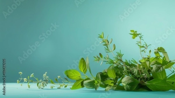 Fototapeta Photorealistic illustration of fresh herbs against a blue pastel background with copy space for text or logo, beautifully illuminated by studio lighting