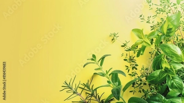 Fototapeta Photorealistic illustration of fresh herbs against a yellow pastel background with copy space for text or logo, beautifully illuminated by studio lighting 