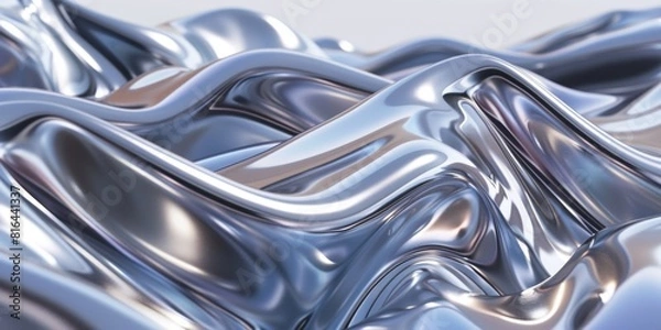 Fototapeta 3D render of fluid silver metal waves in the style of an abstract background with a shiny chrome texture.