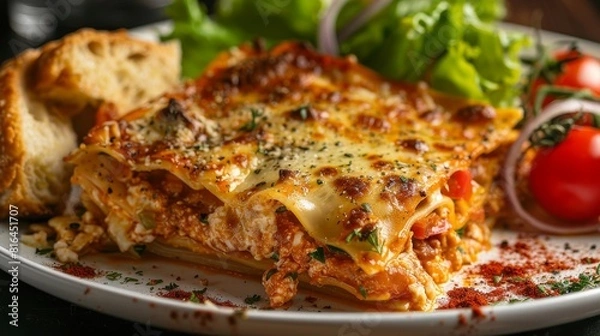 Fototapeta Close-up of delicious lasagna served with a crisp salad and garlic bread, highlighting the textures and colors, isolated background, studio lighting