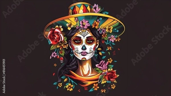 Fototapeta Whimsical Catrina Character Dressed in Colorful Floral Attire Symbolizing the Joyous Dia de los Muertos